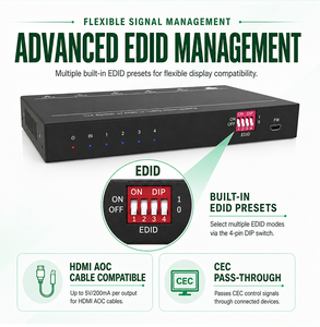 Répartiteur professionnel 2.0 1 entrée 4 sorties 4K 18 Gbit/s avec gestion EDID et réduction de résolution 4K vers 1080p pour <span class=keywords><strong>AV</strong></span> professionnel, salles de réunion et configurations multi-écrans - Product Image 3