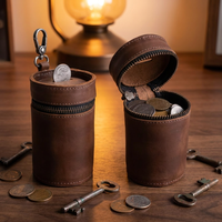 Porte-monnaie miniature cylindrique en cuir véritable embossé, en cuir de vachette durable, marron, avec porte-clés et pochette zippée, idéal pour les cadeaux