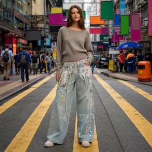Jeans Anchos y Holgados con Efecto Lavado Personalizado para Mujer, Fabricante de Ropa Vintage, Estampado Láser, Jeans de Mezclilla Casuales de Talla Grande para Mujer - Product Image 1