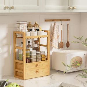 Bamboo <b>Storage</b> Rack 4 Layers With <b>Drawers</b> Multi Tier Kitchen Organizer Desktop Condiment Holder Rectangle Standing Type - Product Image 1