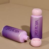 Tubo cosmético metálico degradado en morado y rosa con tapa de rosca redonda para suero de ojos y cuidado de la piel.
