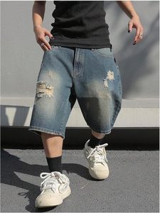 customize <b>men's</b> denim shorts Baggy <b>Stretch</b> Ripped Knee Length Casual <b>mens</b> denim jorts Distressed Blue shorts streetwear - Product Image 2