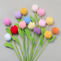 Tulip Daun Hijau Kecil Rajutan Tangan dari Benang, Tulip Buatan dengan Batang untuk Buket, Dekorasi Rumah & Hadiah Pernikahan