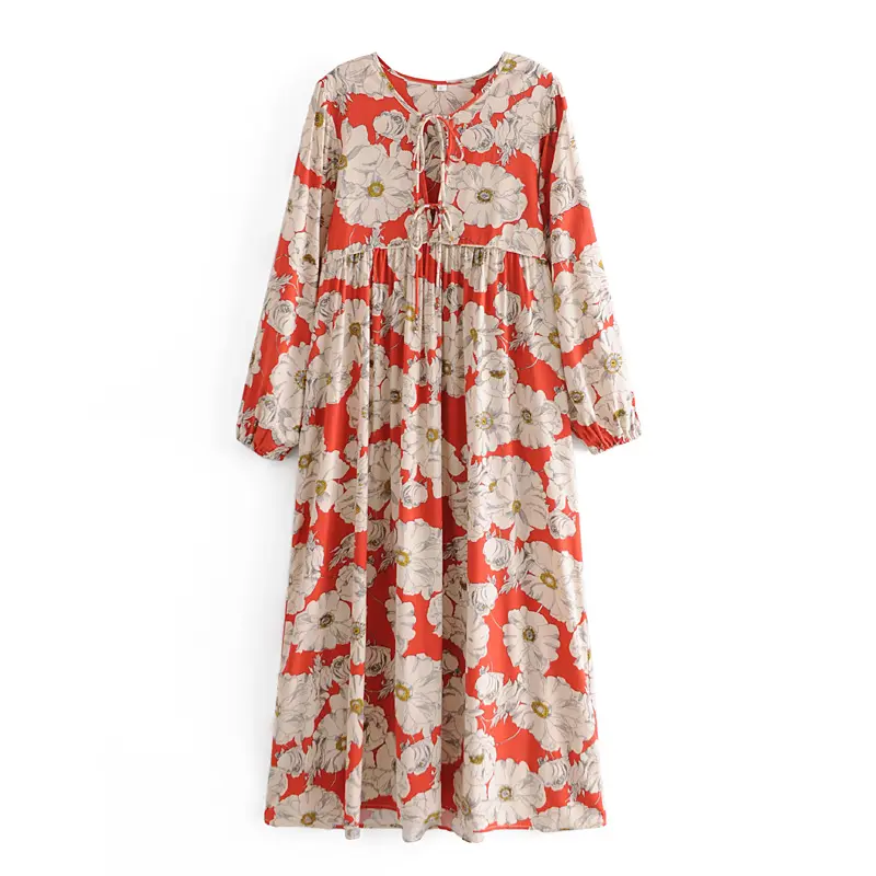 Red color flower print lace up v neck rayon boho long sleeve dress women fashion casual bohemian clothing