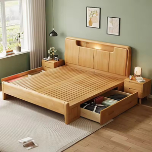 Modern Oak Solid Wood Soft <b>Bed</b> Platform King Size Storage Frame With <b>LED</b> Light USB Port Hotel Bedroom Set DE-0103 Premium Uphols - Product Image 1