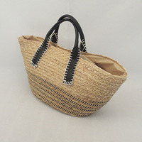 Haute qualité coton corde jute panier naturellement tissé jacinthe d'eau paille sac de plage vacances voyage loisirs sac à main pour poignée PU