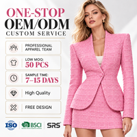 Ensemble blazer et jupe en tweed rose texturé pour femme, manches longues, épaules structurées, tenue de travail de boutique, fournisseur de vêtements OEM