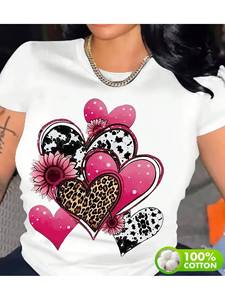 T-shirt da donna bianca e rosa con stampa leopardata a cuore, manica corta, girocollo, vestibilità comoda, casual, per San Valentino - Product Image 3