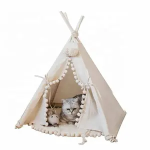 Ivory Beige White Pet Teepee With Pompom ,Durable Easy Set Up Folding Playhouse For Dog Cat Bunny Kitten