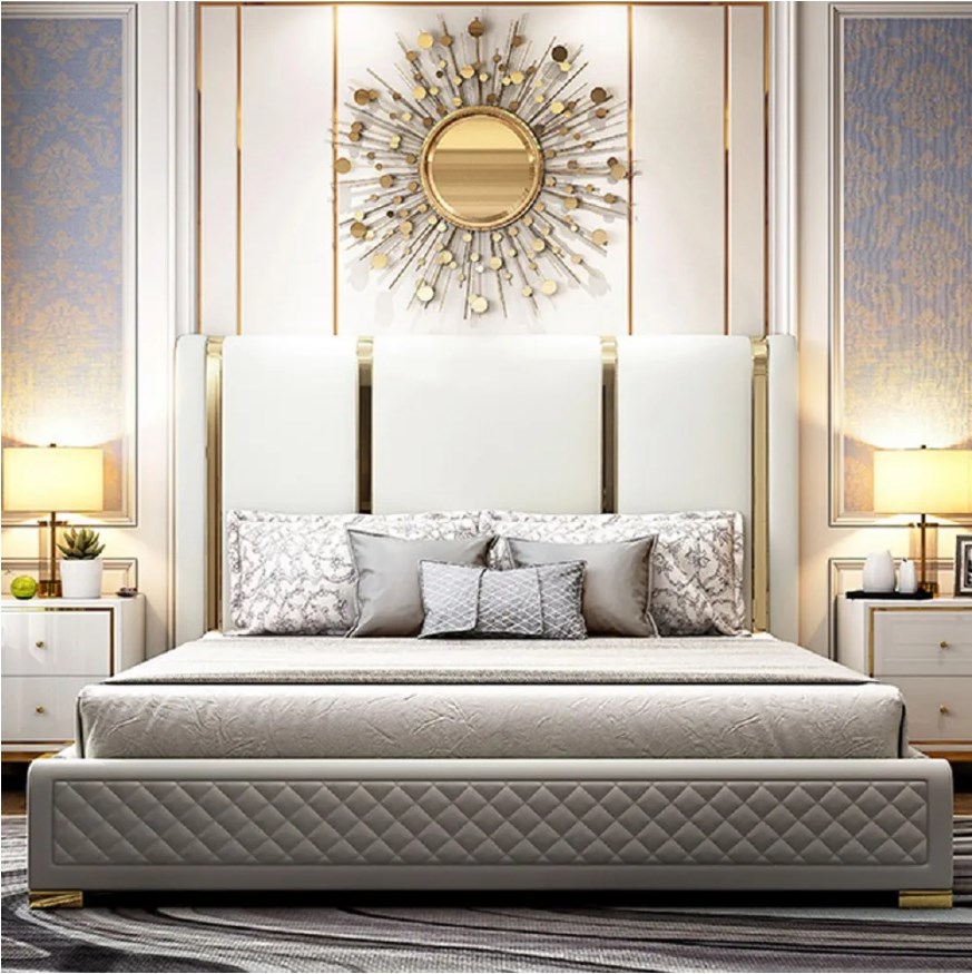 Modern polished gold and faux leather headboard Included upholstered king bed