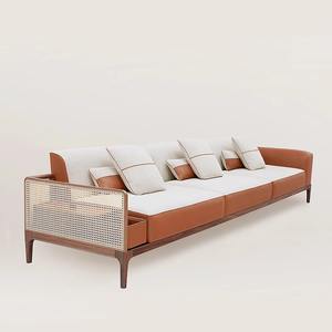 Divano ad angolo di lusso italiano sezionale in vera pelle sintetica semplice arancione finitura in legno solido Set di mobili da ufficio per vivere - Product Image 3