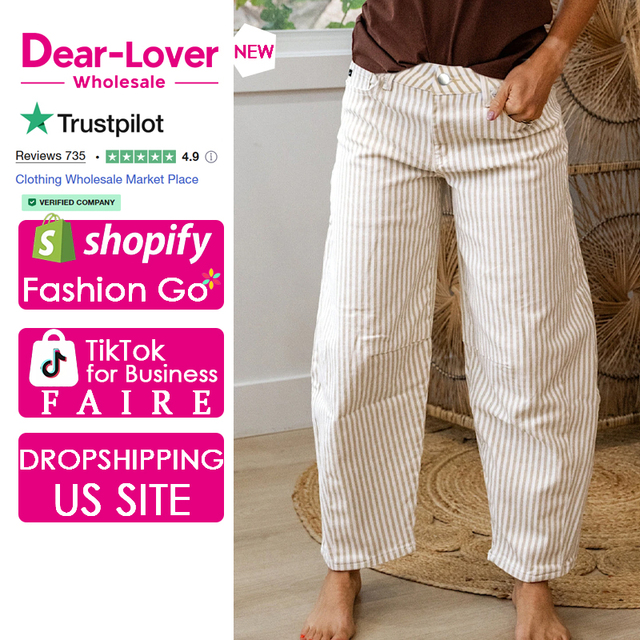 Dear-Lover Wholesale Boutique Clothing Manufacturer Women Khaki Stripe Casual Barrel Jeans