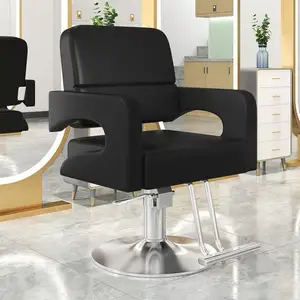 热销高端美发沙龙家具扶手椅可旋转升降不锈钢黑色金属男士理发椅