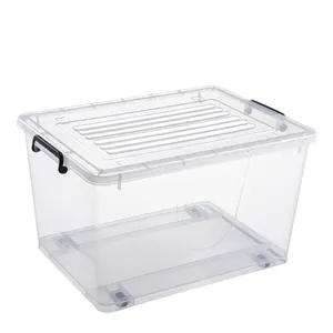 Boîte de rangement en plastique transparent 62L, boîte de rangement empilable avec roues