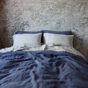 Blu Navy puro lino pietra lavato naturale lino <span class=keywords><strong>francese</strong></span> King Size 4 pezzi 2 federe 1 lenzuolo con angoli 1 lenzuolo piatto biancheria da letto morbida - Product Image 6