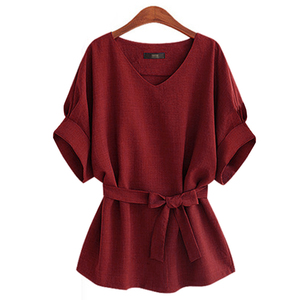 Mùa Hè Phụ Nữ Áo Cánh Linen Áo Sơ Mi V Cổ Lớn Bow Cánh Dơi Ngắn Tay Áo Tie Phụ Nữ Lỏng Lẻo Áo Nữ <span class=keywords><strong>Tops</strong></span> T-Shirt - Product Image 2