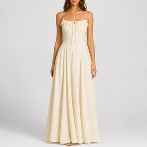 Robe longue personnalisée pour <span class=keywords><strong>femme</strong></span>, bretelles spaghetti, smockée, coupe trapèze, style bohème, pour la plage, l'été, les invitées de mariage, en coton, fabricant de vêtements - Product Image 1