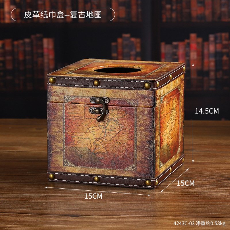 4243C-03 Leather Tissue Box - Vintage Map