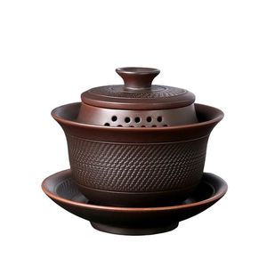 El yapımı mor seramik, Bıçak oyması desenli üçü bir arada kapaklı kase, Ayrı ayrı ısıya dayanıklı, Hediyelik Çay Seti - Product Image 5
