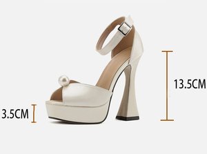 High-end Women's Platform Chunky High-heeled <b>Sandals</b> with Large Pearl Satin Fabric for Banquets and Weddings - Product Image 6