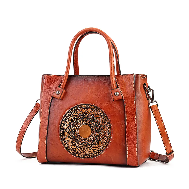 Hochwertige echte Leder Totem geprägte große Raum Einkaufstasche für Damen Vintage Unique Design Damen handtasche Umhängetasche