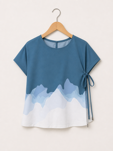 Camiseta azul con estampado abstracto para mujer, informal, de manga corta, cuello redondo, con lazo lateral, ropa de verano, camiseta holgada y elegante - Product Image 2