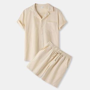 Setelan pakaian kasual leher V pria, kerah V berkancing lengan pendek celana pendek Linen berongga Set dua potong kain Linen laki-laki bercetak - Product Image 4