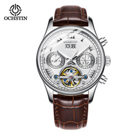 Ochstin Nouvelle montre mécanique automatique à tourbillon, haut de gamme, résistante à l'eau, aiguilles lumineuses, bracelet en cuir véritable, pour homme