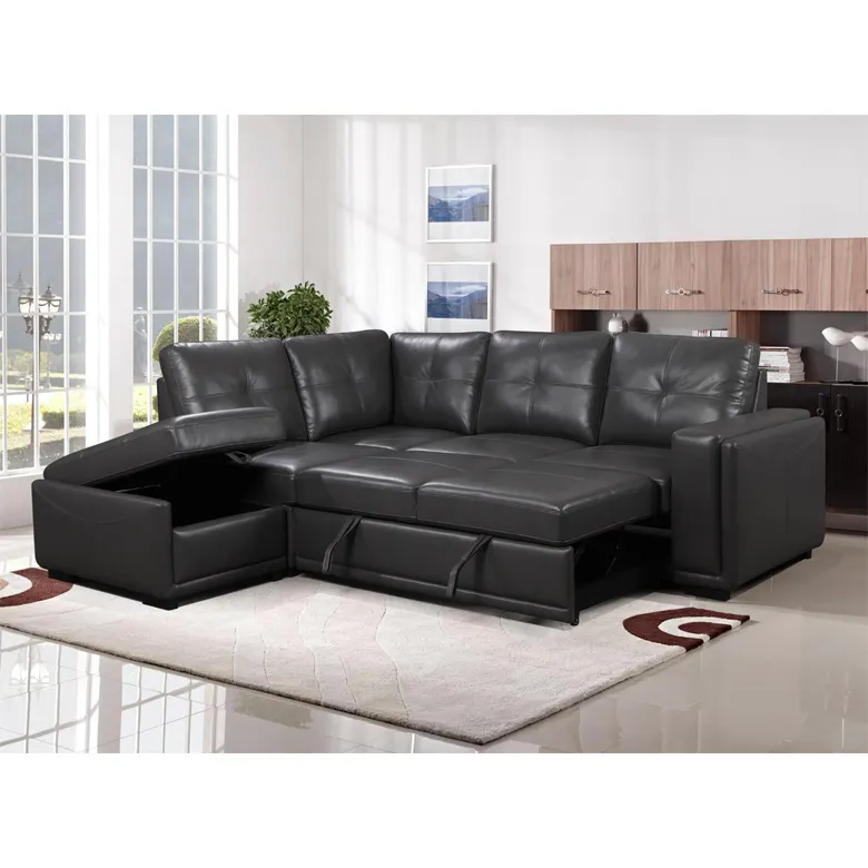 Divano moderno di lusso in pelle nera con caricamento grande divano a forma di l con letto estraibile e pouf