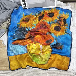 Van Gogh sơn dầu tinh tế in Khăn lụa hoa hướng dương mô hình trang trí 53cm Khăn vuông nhỏ bán buôn