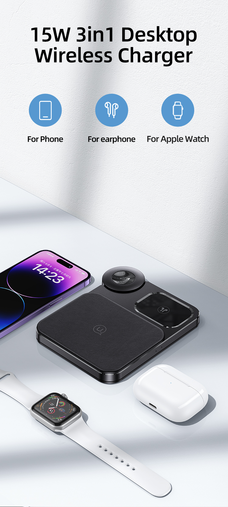 USAMS CD-190 15W 3 In 1 Desktop Wireless Charging Station description image 4