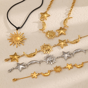 Star Moon Sun Stainless Steel Necklace <b>Bracelet</b> <b>Set</b> For Women Fashion Jewelry Clavicle Chain Party Gift Gold Silver Tone - Product Image 2