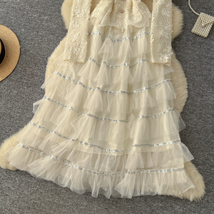 Gaun Midi A-Line Kerah Kotak Gaya Fairycore Musim Panas untuk Wanita, Gaun Jala Bordir Manik-Manik <span class=keywords><strong>Patchwork</strong></span> Empire - Product Image 3