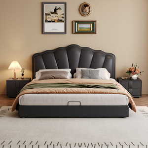 Lit double en cuir noir rétro avec rangement et coffre haut pour chambre à coucher - Product Image 3