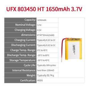 UFX 803450 3.7V 1650mAh Battery High Temperature Lithium <b>Polymer</b>/Li-ion Rechargeable Cell for Electronics - Product Image 2