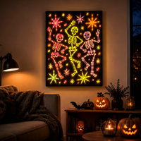 Nouvelle Arrivée : Décoration Murale Carrée en Toile LED Imprimée Halloween – Squelette Dansant Ludique et Étoile – Impression Personnalisée pour les Fêtes