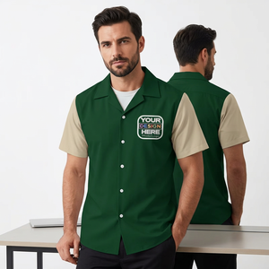 Chemise décontractée pour homme personnalisable, vert beige contrasté, manches courtes, col marin, respirante, 100% coton, légèrement extensible, été - Product Image 1