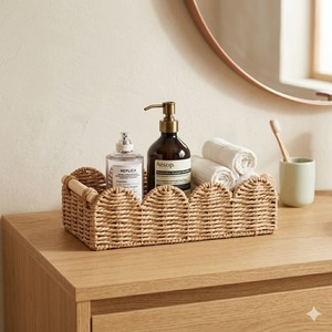 Rattan Desktop Storage <b>Basket</b> Rectangle With Handle For Bathroom Towel And Toilet Paper Organization - Product Image 1