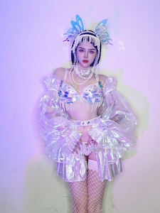 Costume de fête musical Gogo féerique pour femme, personnalisé, en polyester respirant, avec paillettes à effet miroir et franges, idéal pour les bars et boîtes de nuit - Product Image 3