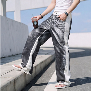Pantalon en jean rétro de haute qualité, imprimé en 3D, color-block, coupe droite décontractée et élégante, jambe large - Product Image 1