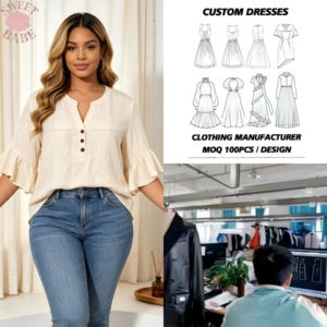 Chemisier ample et tendance pour femme grande taille, col Henley en V, trois boutons, manches évasées à volants, idéal pour le quotidien et les vacances - Product Image 1