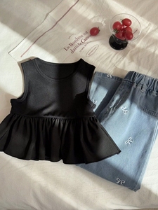 Set Pakaian Grosir untuk Balita Perempuan, Atasan Rajut Polos Tanpa Lengan dengan Ruffle + Celana Jeans Berpita, Set Pakaian 2 Pcs - Product Image 4