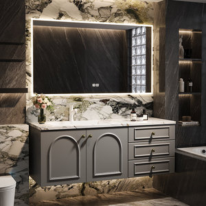 French-style Luxury Stone-Look Seamless Ceramic Integrated Basin Smart Multi-Function <b>Mirror</b> <b>Wall</b>-Mounted Bathroom Cabinet - Product Image 4