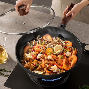 Deshilang Blue Diamond Titanium Nonstick Frying <b>Pan</b> 32Cm Round Wok For Household Cooking With Wooden <b>Handle</b> - Product Image 2
