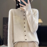 Kardigan Retro Solid 100% Wol untuk Musim Gugur dengan Ujung Berlipat dan Saku, Atasan Rajut Anti Kusut Bergaya Santai Sederhana