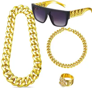 80s/90s хип-хоп платье аксессуары рэпер золотое ожерелье цепочка браслет серьги панк Солнцезащитные очки хип-хоп костюм комплект косплей