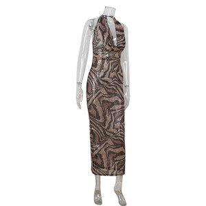 L0868-Ingrosso Elegante Abito Lungo Aderente con Paillettes Leopardate e Scollo a V per Donna, Vestito da Sera per Feste - Product Image 4