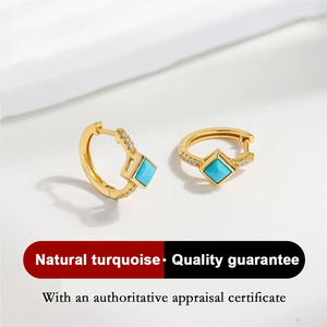 Pendientes de aro de plata de ley cuadrados turquesa Accesorio de moda geométrico de estilo clásico chapado en oro de 18 quilates - Product Image 4