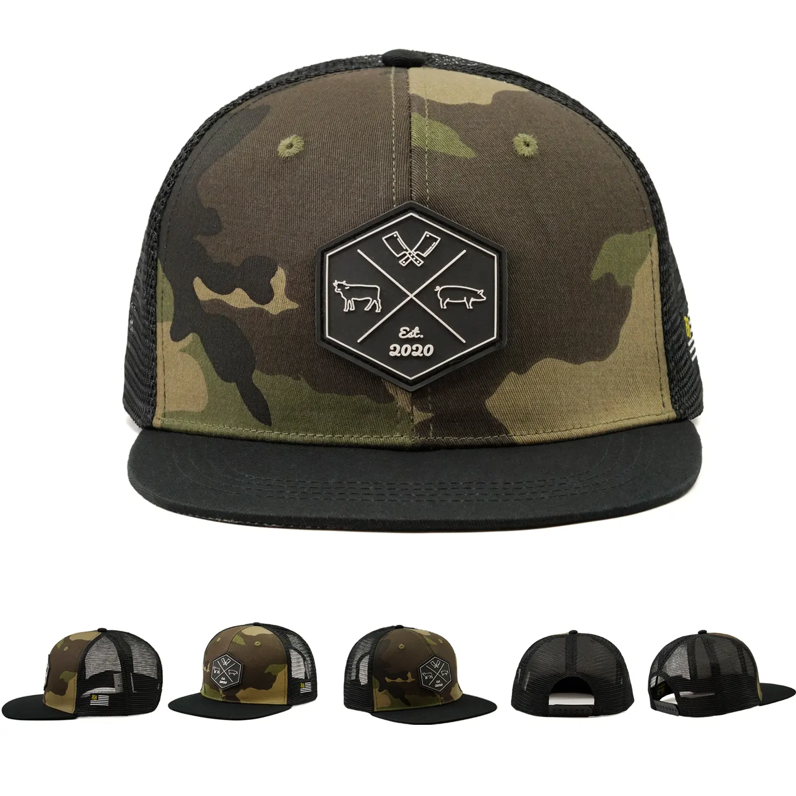 Wholesale Customized Hip Hop Camo Snapback Mesh Embroidered Patch Logo Custom 6 Panel Flat Brim Trucker Cap And Hat