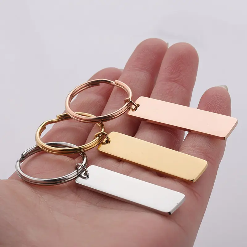 Engraved Stainless Steel Blank Rectangle Dog Tag Pendant Keychain Shiny Polished Flat Anti-lost Key Ring